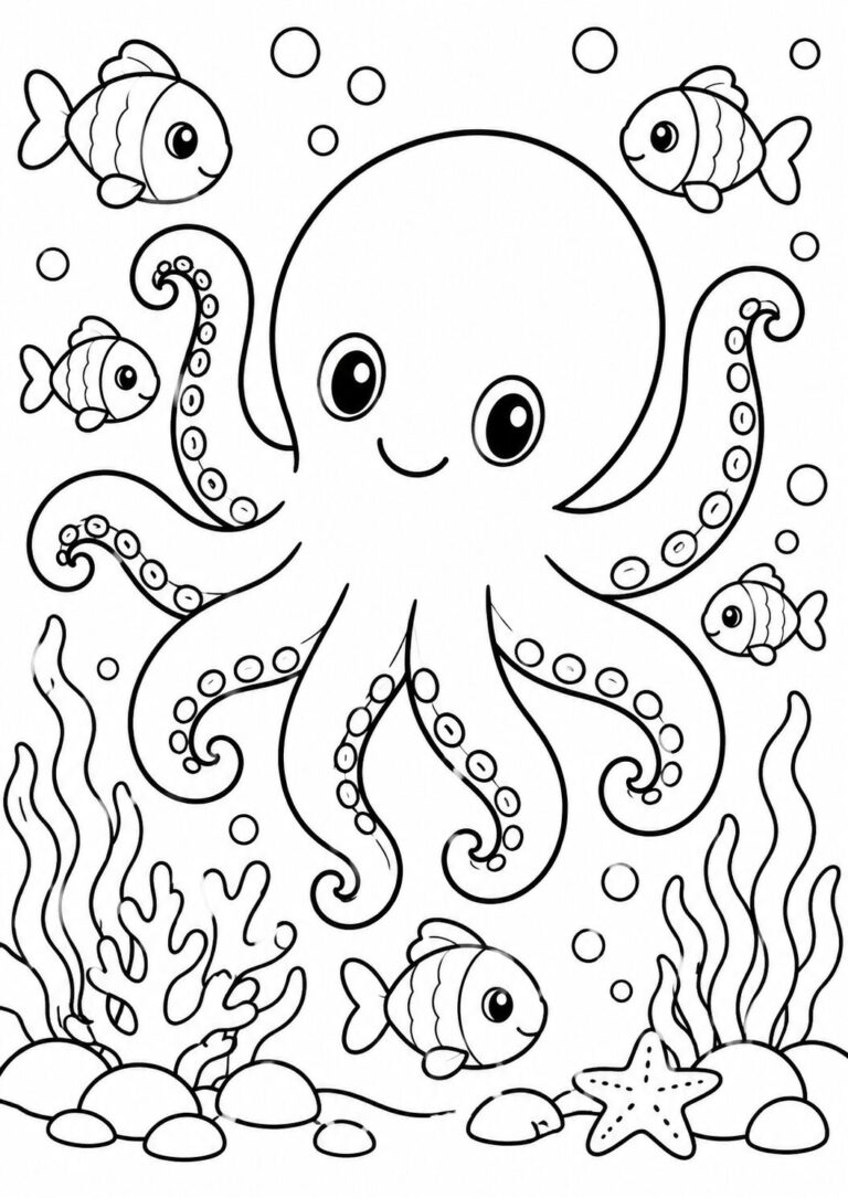 A cheerful octopus with smiling fish and sea plants, perfect for a children's coloring activity. The scene encourages creativity with an engaging underwater theme.