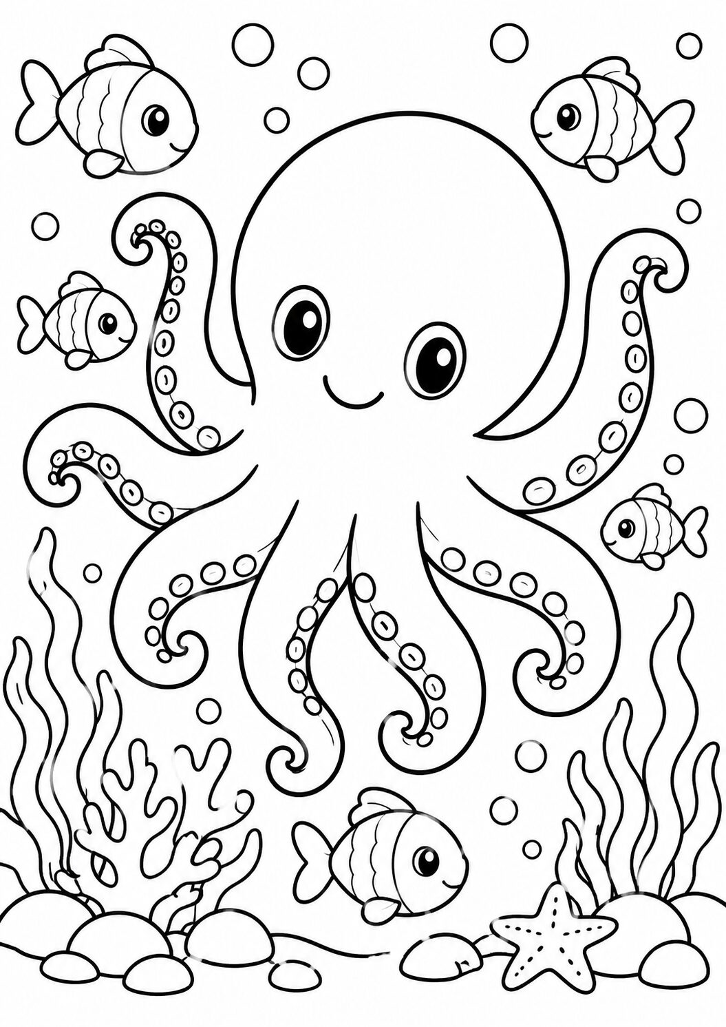 A cheerful octopus with smiling fish and sea plants, perfect for a children's coloring activity. The scene encourages creativity with an engaging underwater theme.