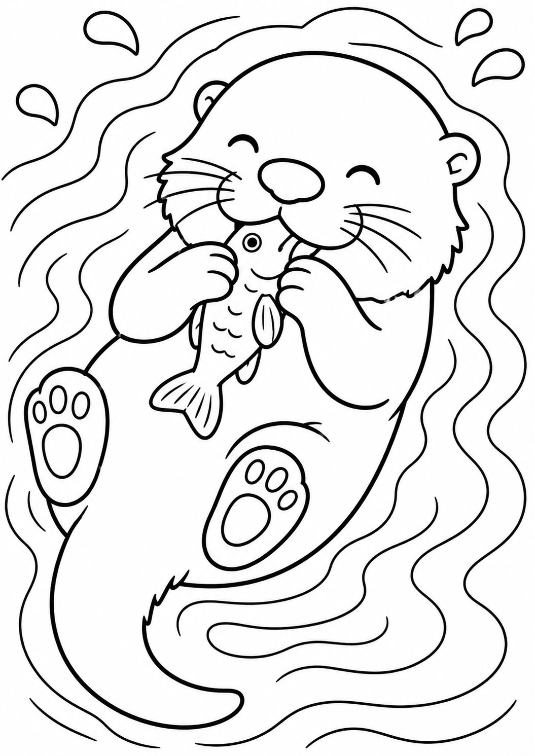 An adorable otter happily holding a fish while floating on water, creating a delightful and engaging coloring activity for children to bring the scene to life with vibrant colors.
