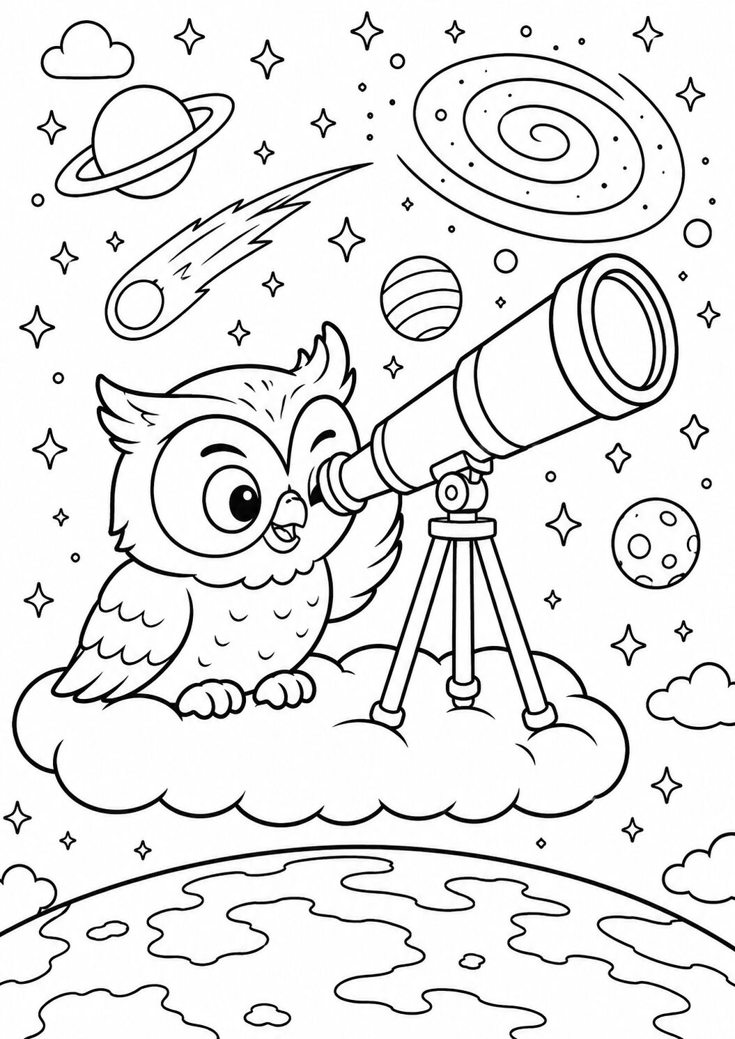 Owl perched on a cloud using a telescope, surrounded by stars, planets, and cosmic objects in the night sky, perfect for a children's coloring adventure.