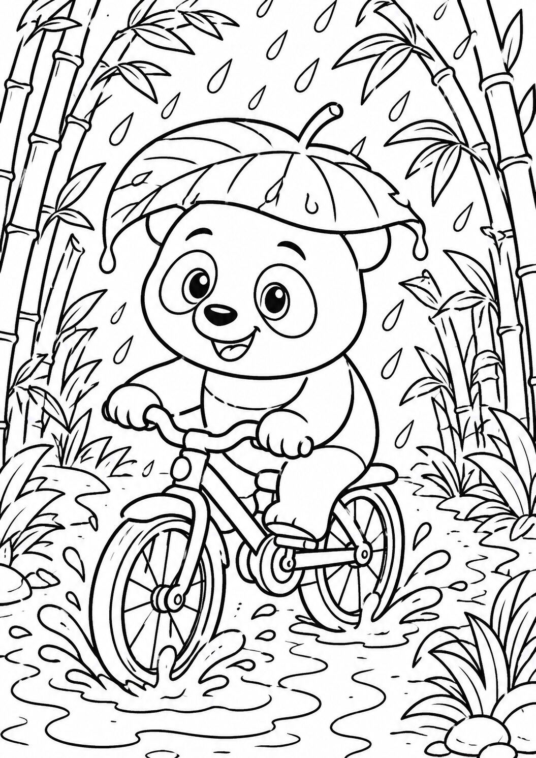 A cute panda rides a bicycle in the rain, holding a leaf umbrella. Bamboo and rain splashes add to the playful scene, making it perfect for children to color.