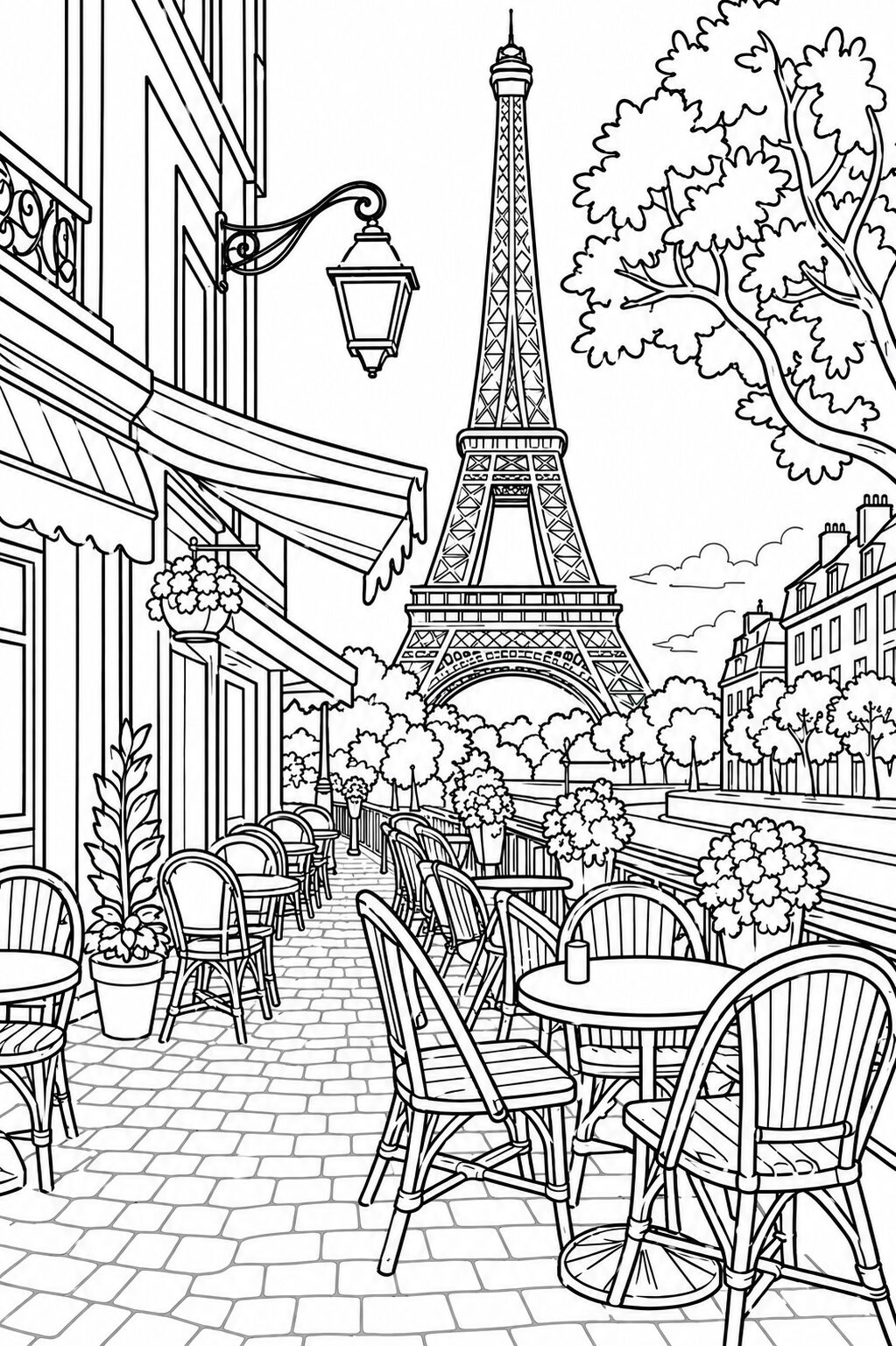 A children’s coloring page of a Paris café, depicting the Eiffel Tower, chairs, tables, and street foliage, capturing the essence of French outdoor dining and urban landscapes.