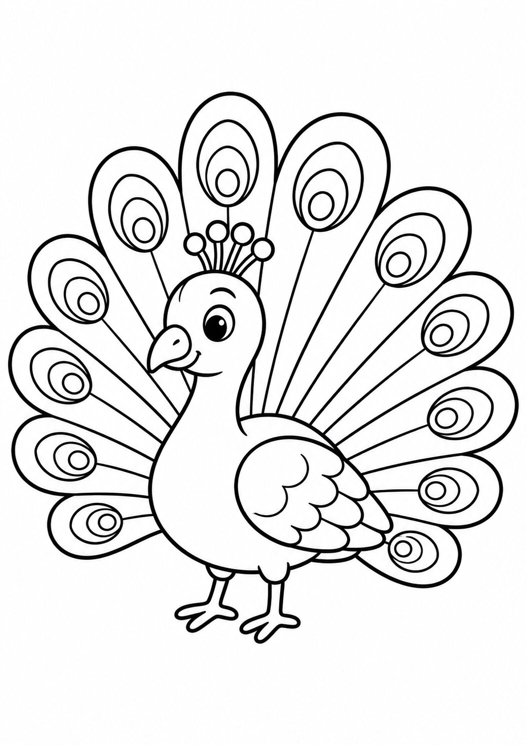 A cheerful peacock coloring page featuring a peacock with its feathers fanned out, offering kids an engaging opportunity to bring the bird to life with color.