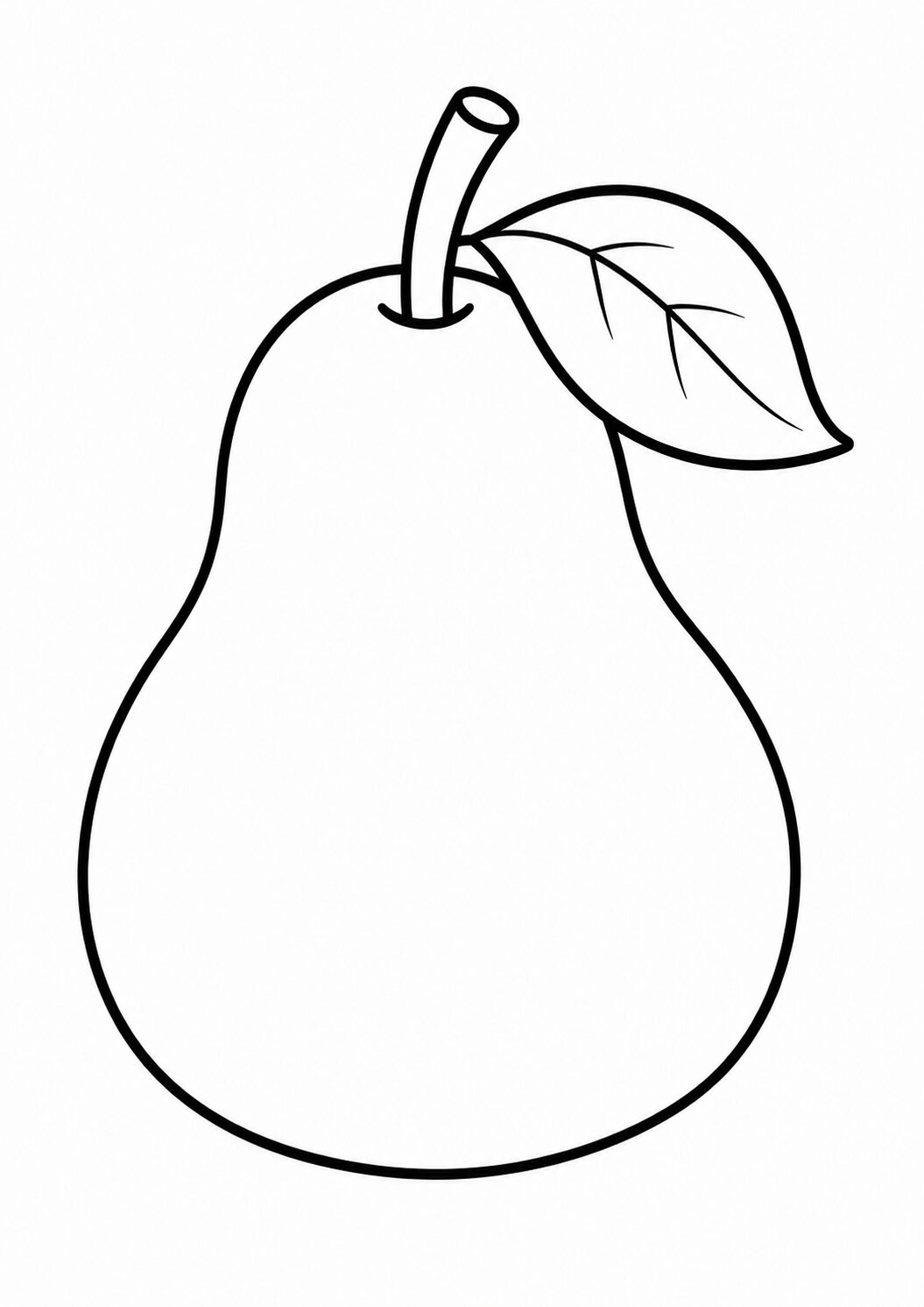 A black and white outline of a pear with a leaf, providing a simple and engaging coloring activity for children, encouraging creative use of colors.