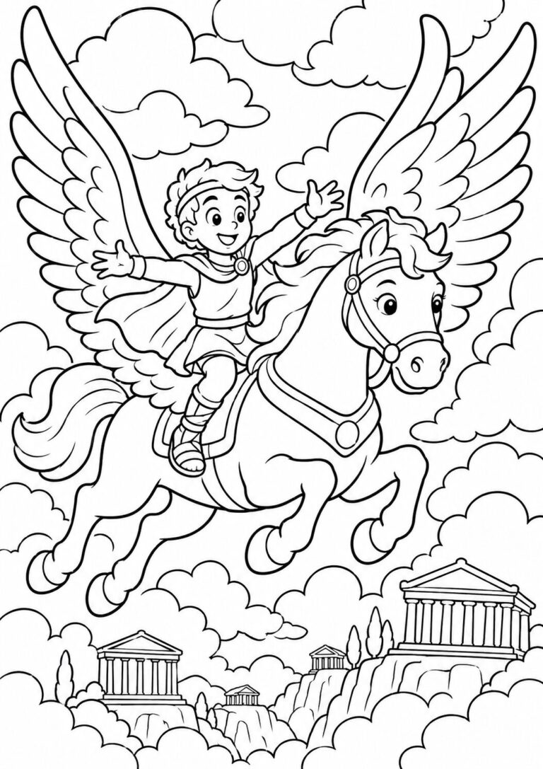 A child rides Pegasus among clouds and temples. The coloring page invites creativity with its depiction of a winged horse and ancient structures, offering an engaging mythological escape.