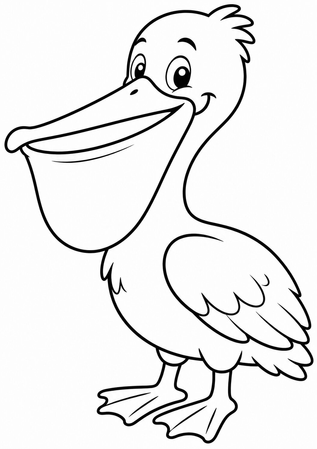 A delighted pelican with its wide beak, inviting kids to add colors and creativity. This charming bird stands happily, perfect for engaging children who love nature and artistic endeavors.