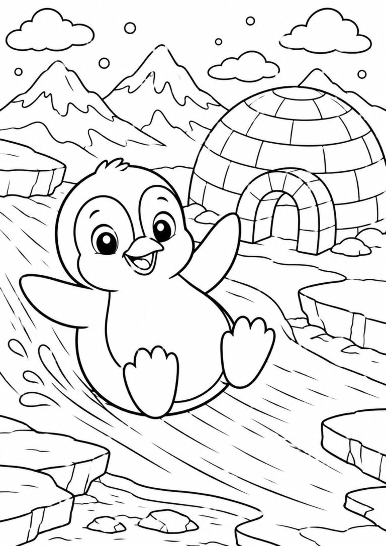 A charming scene of a penguin sliding down an icy hill, surrounded by snowy mountains and an igloo, perfect for children's coloring.