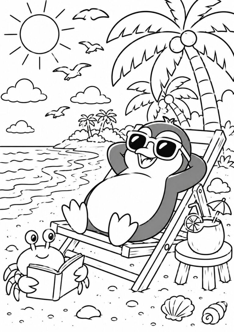 Coloring page depicting a penguin lounging on a beach chair with sunglasses, accompanied by a reading crab. Surrounded by palm trees, a sunny sky, and a tropical drink, this scene offers a delightful beach vacation vibe for children to color.