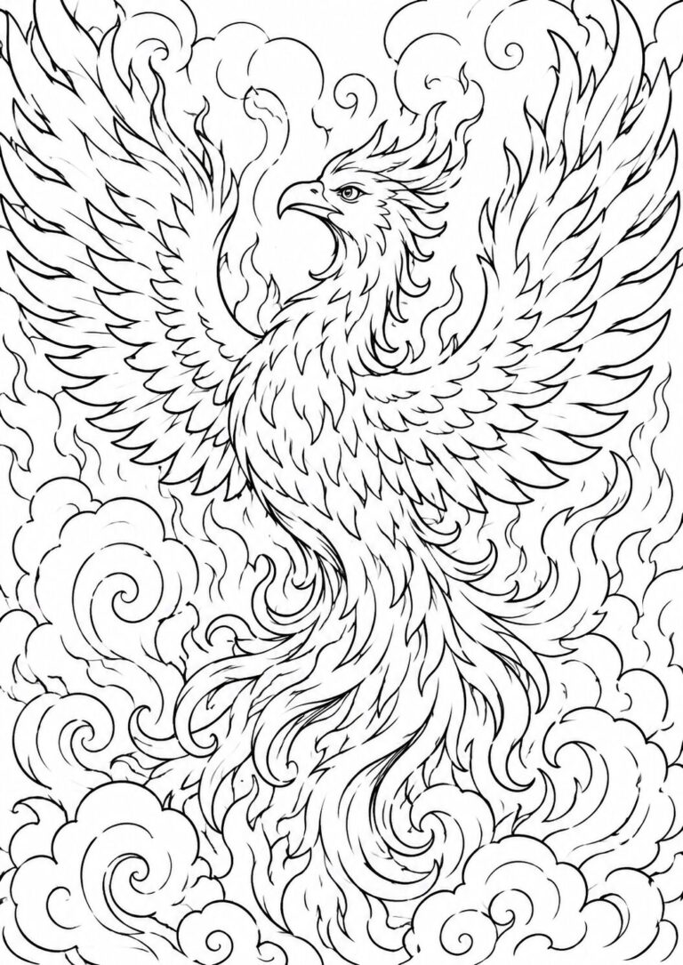 A phoenix emerges from swirling flames and smoke, showcasing detailed feathers and an intense gaze. This coloring page allows children to explore their creativity by bringing this mythical creature to life with vibrant colors, enhancing their imaginative and artistic skills.