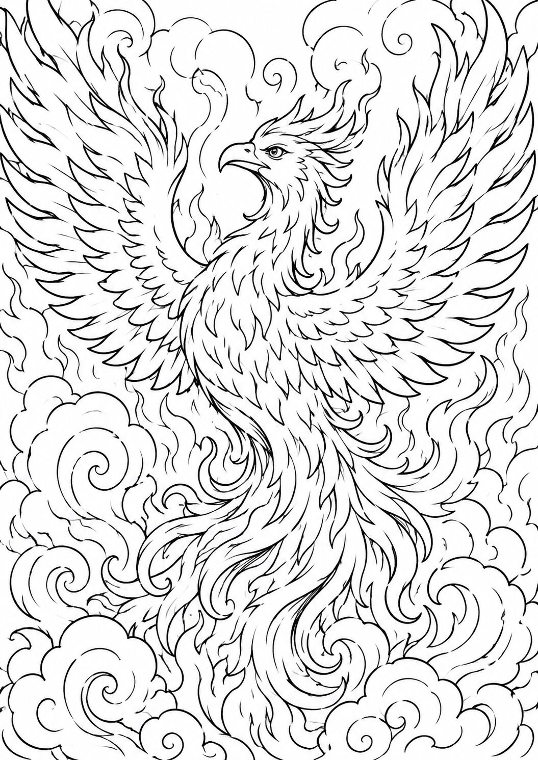 A phoenix emerges from swirling flames and smoke, showcasing detailed feathers and an intense gaze. This coloring page allows children to explore their creativity by bringing this mythical creature to life with vibrant colors, enhancing their imaginative and artistic skills.