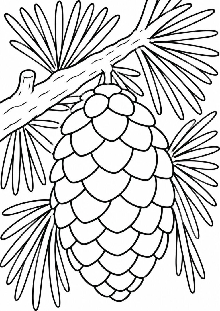 A black and white coloring page depicting a pine cone with needles. This illustration allows kids to explore their creativity by coloring a natural scene, enhancing their understanding of nature and artistic expression.