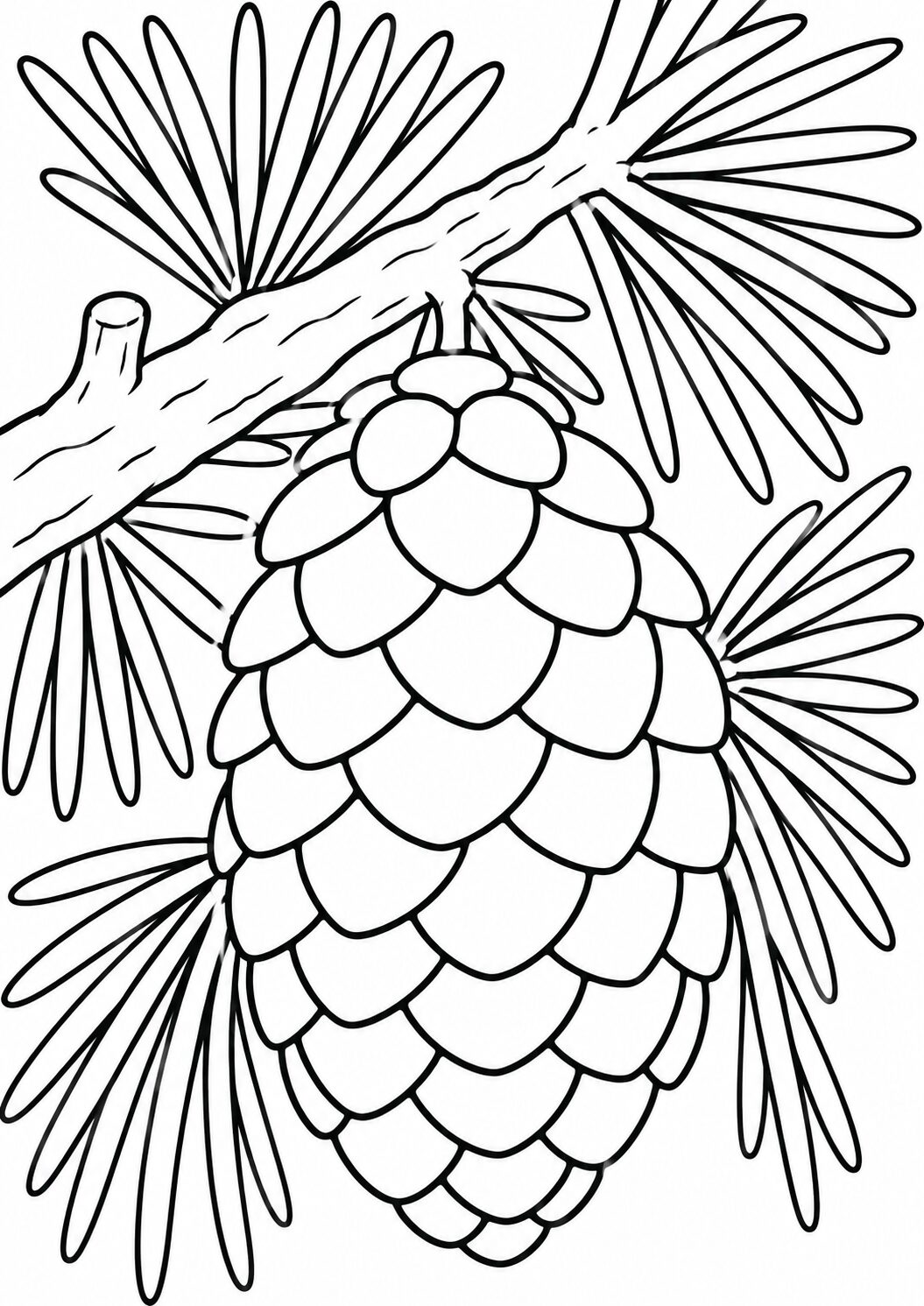 A black and white coloring page depicting a pine cone with needles. This illustration allows kids to explore their creativity by coloring a natural scene, enhancing their understanding of nature and artistic expression.
