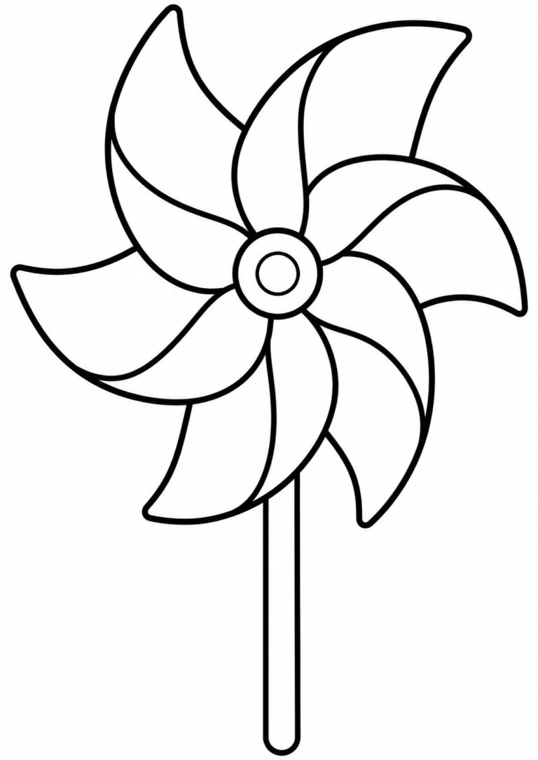 A black-and-white illustration of a pinwheel with sections to color. Kids can use different hues to create a colorful and dynamic image, enhancing creativity and fine motor skills.