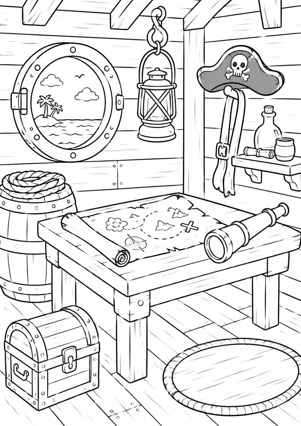 A pirate ship cabin with a treasure map on a wooden table, spyglass, pirate hat, and window view of a tropical island. Children can color these items in vibrant hues to create an exciting pirate adventure scene.