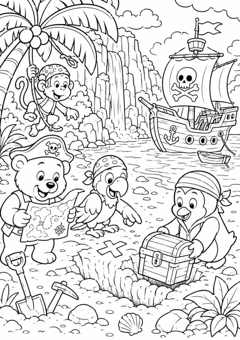 Coloring page with bear, monkey, and parrot on pirate adventure, discovering treasure on a tropical island with a ship and palm trees.