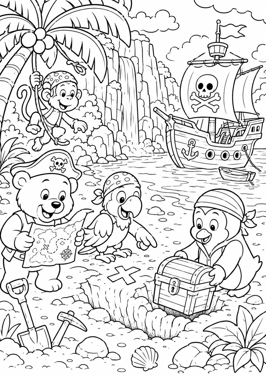 Coloring page with bear, monkey, and parrot on pirate adventure, discovering treasure on a tropical island with a ship and palm trees.