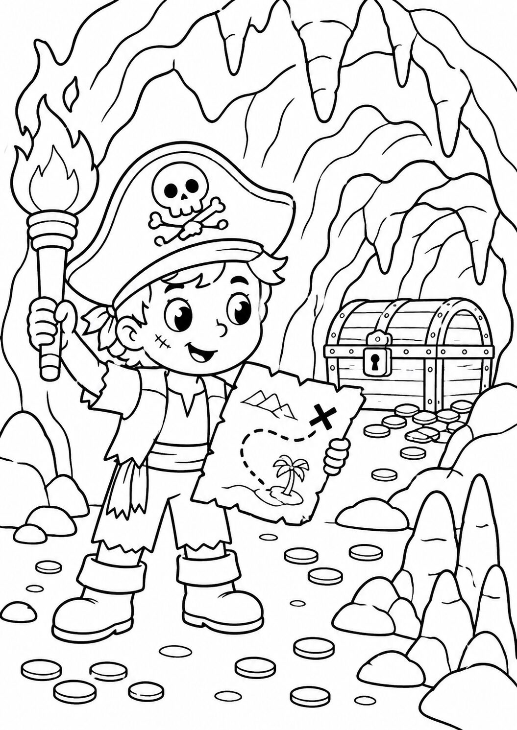 A pirate in a cave holding a torch and map, with a treasure chest nearby, creating a sense of adventure for young artists.