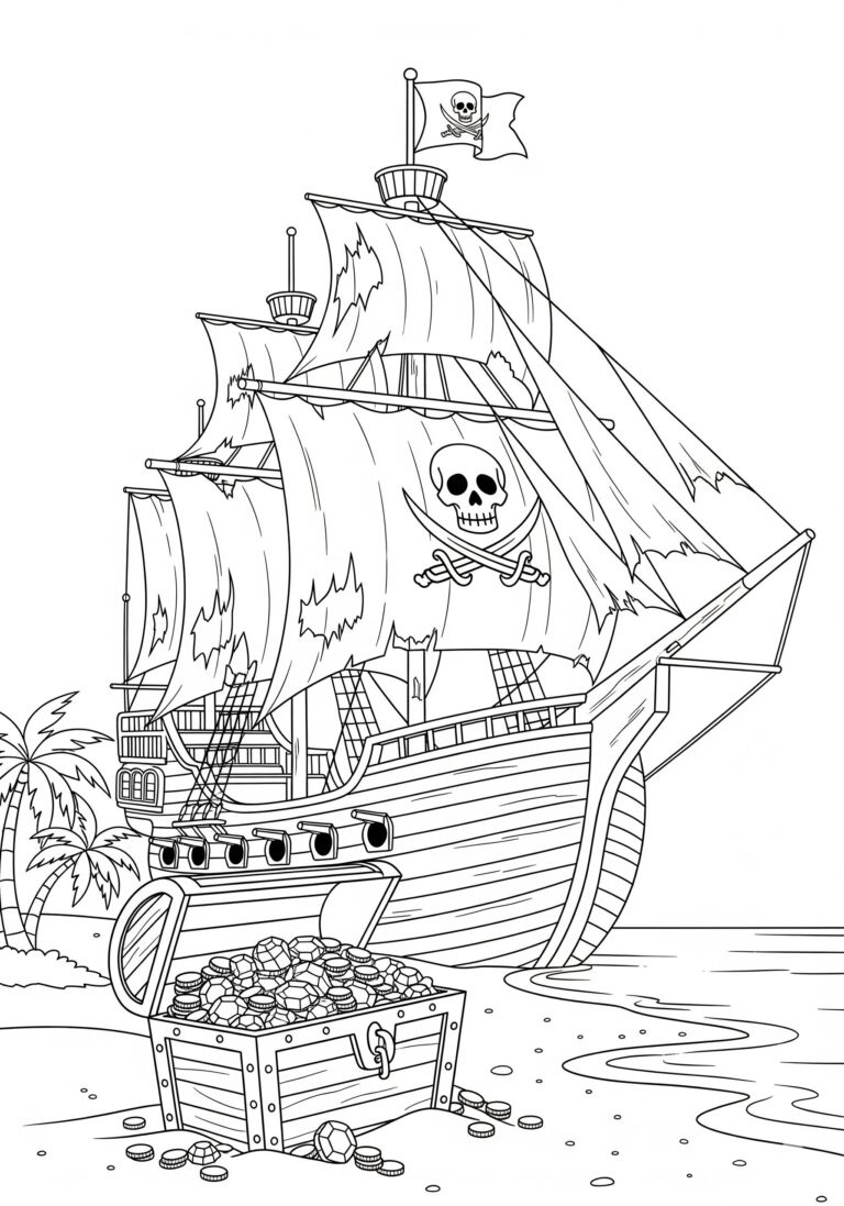 A detailed coloring page of a pirate ship with sails and a skull flag, docked on a beach with a treasure chest full of coins and jewels under palm trees.
