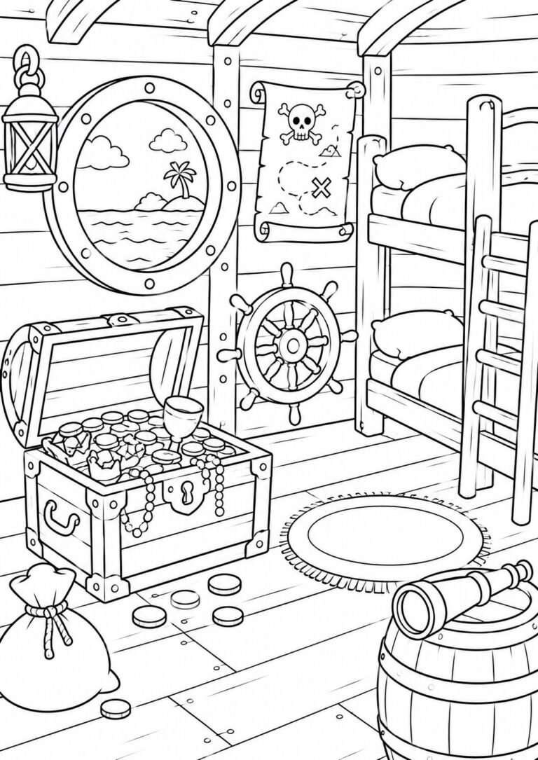 A detailed pirate ship interior with a treasure chest, ship's wheel, bunk beds, and a porthole showing the sea, creating an adventurous scene for coloring.