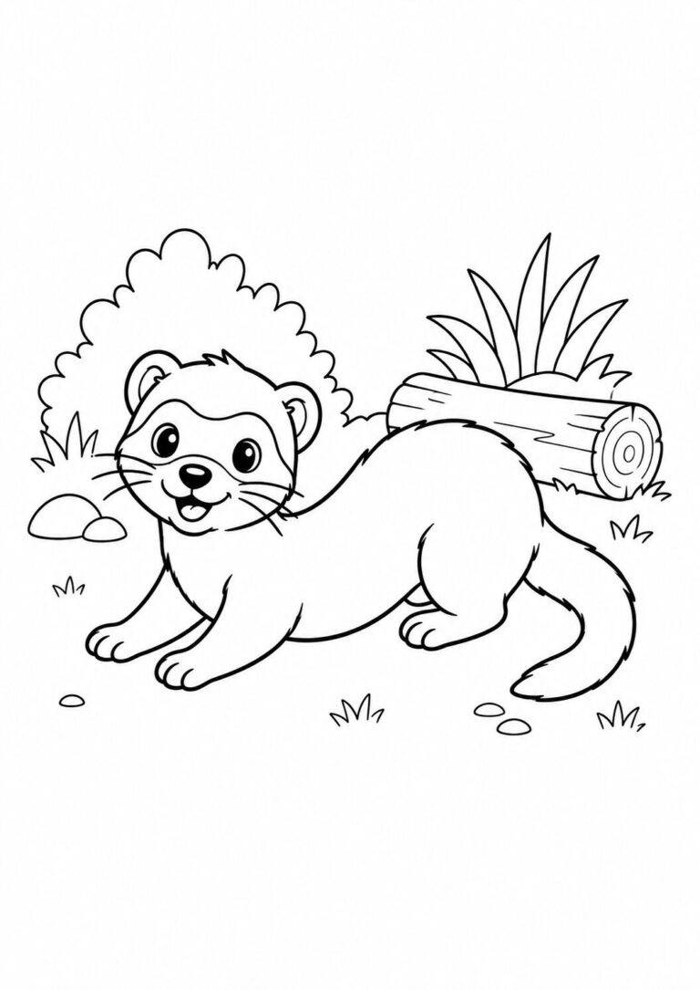 A playful ferret in a natural setting with bushes and a log. Perfect for children to color and explore their artistic skills.