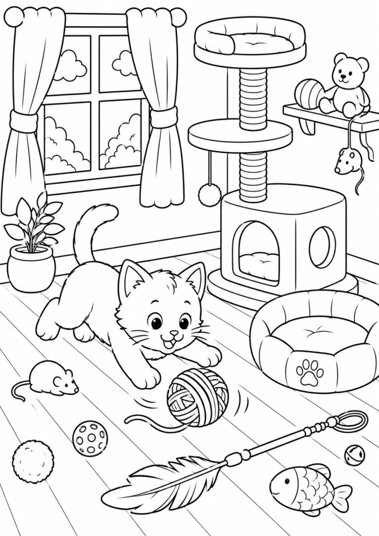 A playful kitten in a room full of toys including a ball of yarn, a teddy bear, and various cat furniture, waiting to be colored by children.