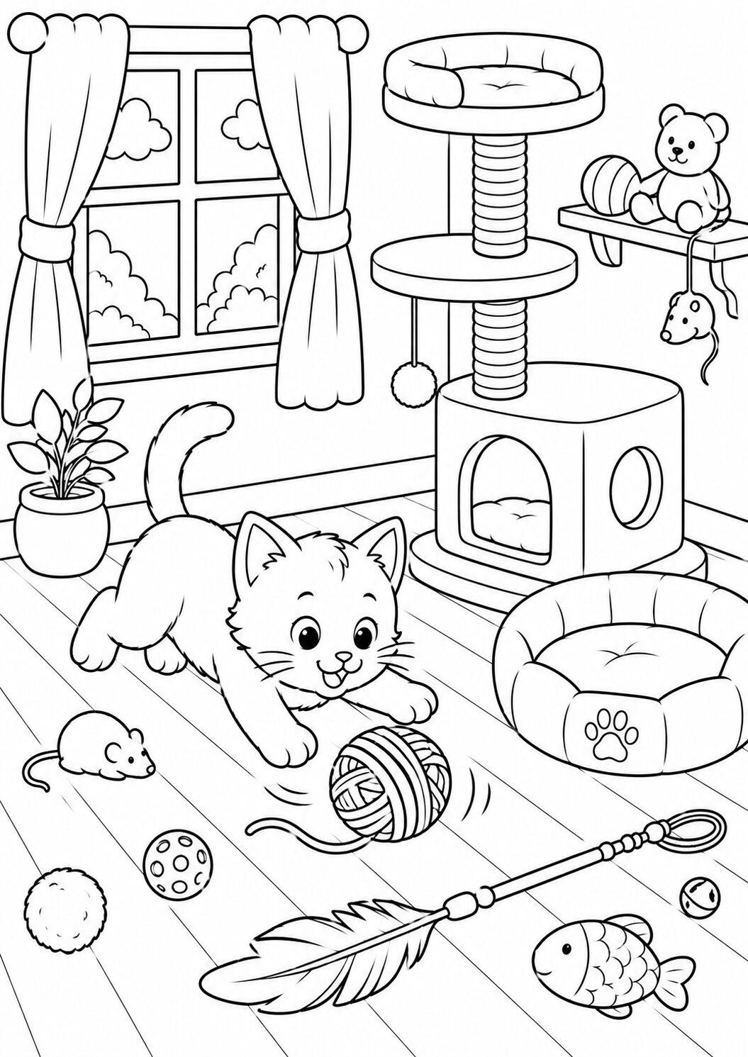 A playful kitten in a room full of toys including a ball of yarn, a teddy bear, and various cat furniture, waiting to be colored by children.