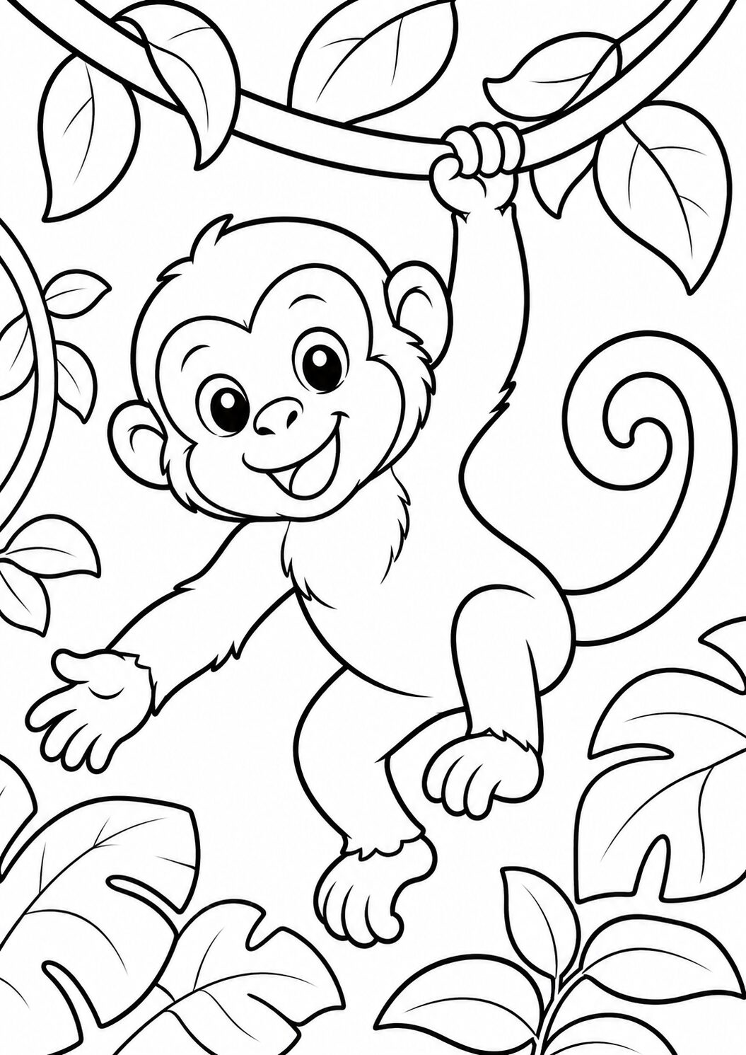 A delightful coloring page of a playful monkey swinging on a vine amidst lush jungle leaves. The happy expression and inviting gesture make it perfect for sparking children's creativity.