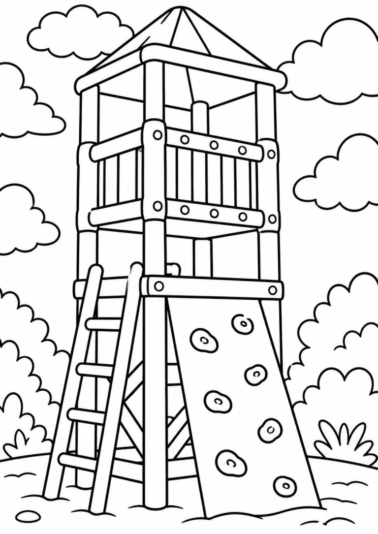 A coloring page of a playground tower with a ladder and climbing wall, surrounded by clouds and bushes. Kids can enjoy adding colors to this playful outdoor scene.