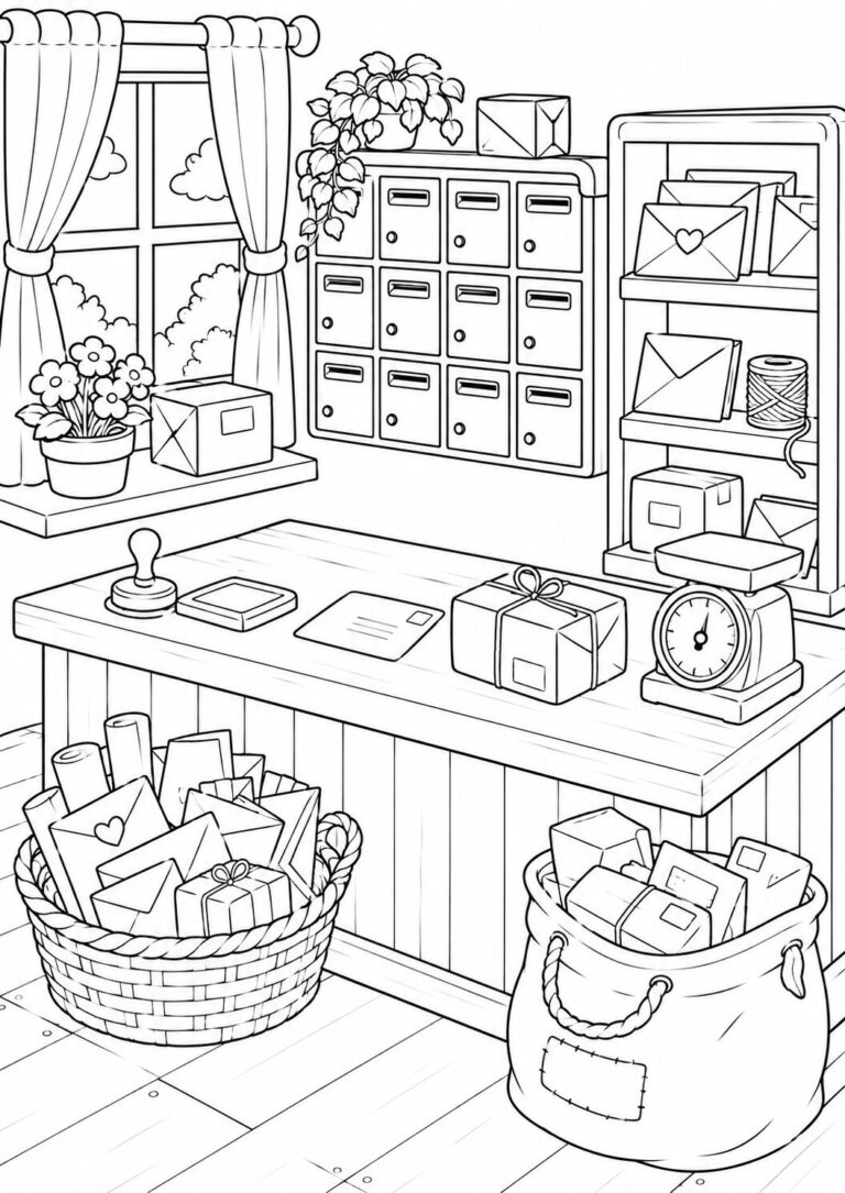 This coloring page depicts a quaint post office scene with a desk full of parcels and letters. There are shelves stacked with envelopes and a woven basket loaded with mail. A scenic window adds charm to this engaging and educational coloring activity.