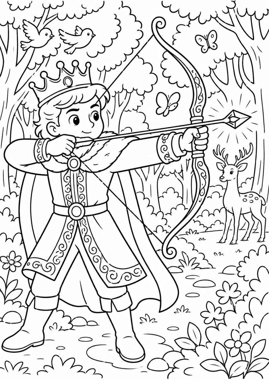 Coloring page of a young prince archer aiming his bow in an enchanted forest. Birds and butterflies flutter around as a deer looks on curiously amidst the trees. Perfect for children to color and enjoy a fairy tale adventure.