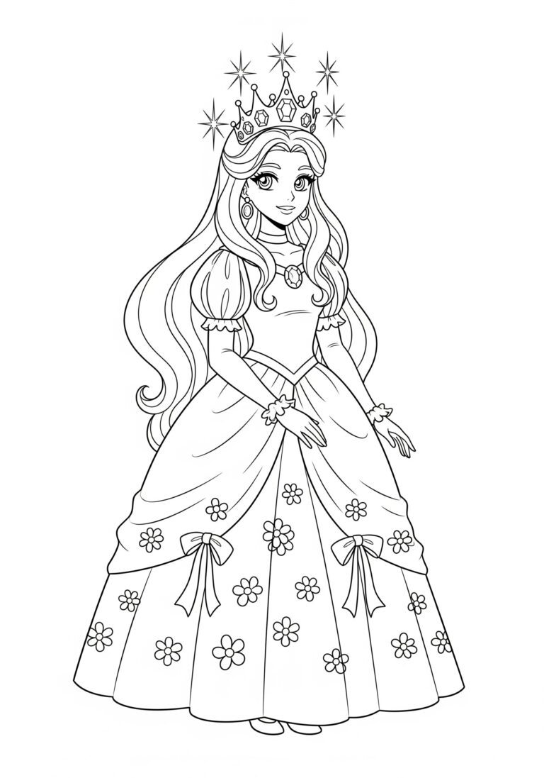 A detailed princess coloring page showing a princess in a long, flowing gown adorned with floral designs and a radiant crown, perfect for stimulating children's creativity and imagination.