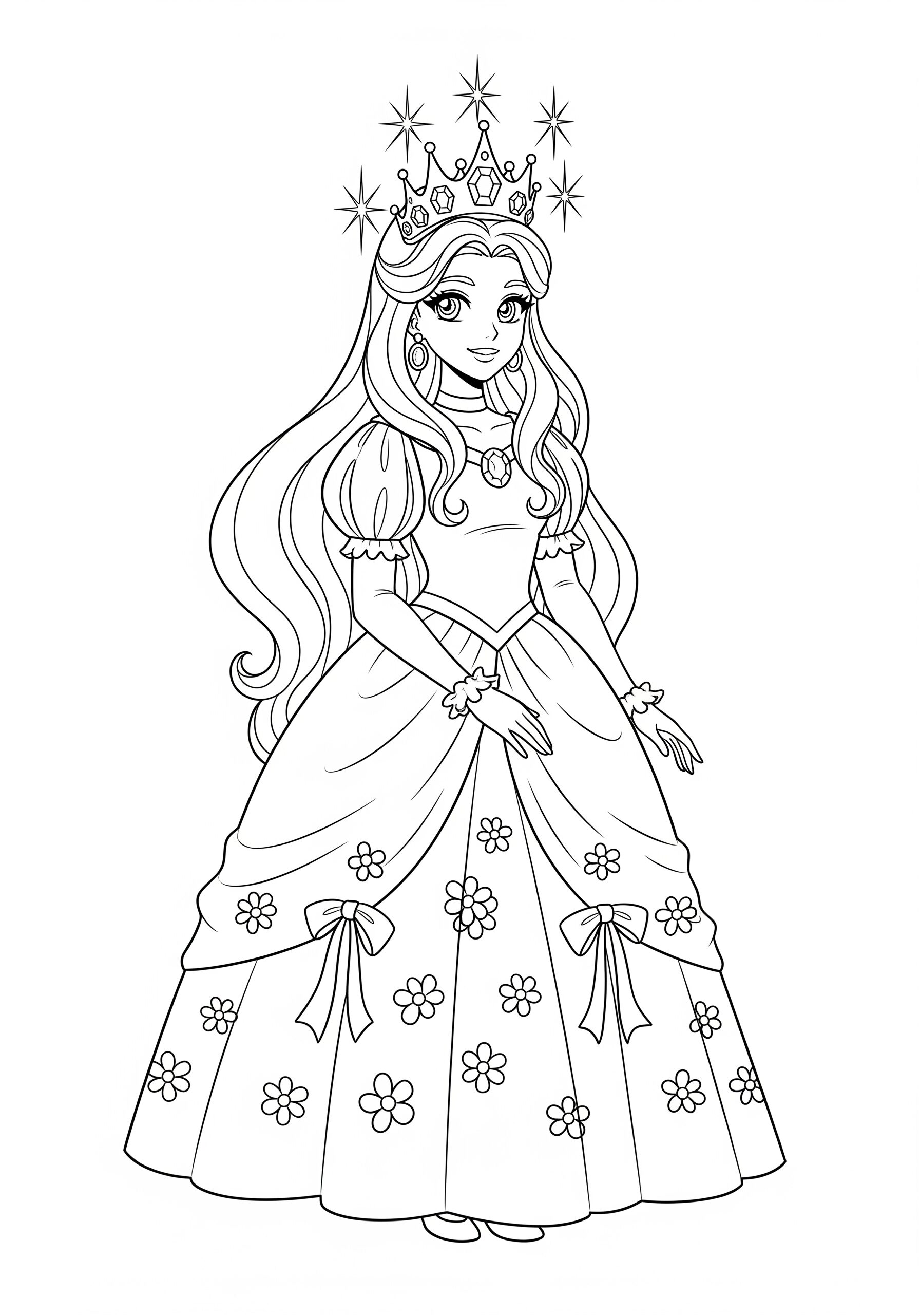 A detailed princess coloring page showing a princess in a long, flowing gown adorned with floral designs and a radiant crown, perfect for stimulating children's creativity and imagination.