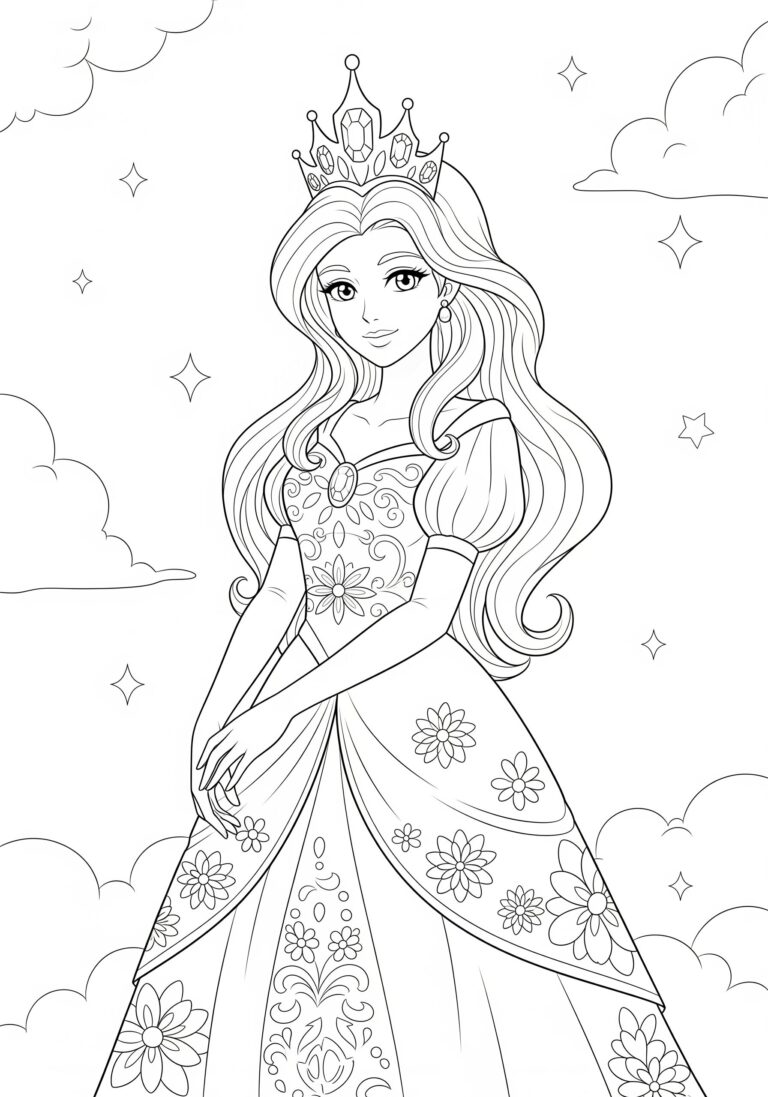 A detailed princess coloring page showing a princess in a flowing dress with floral decorations, wearing a crown, set against a sky with clouds and stars.