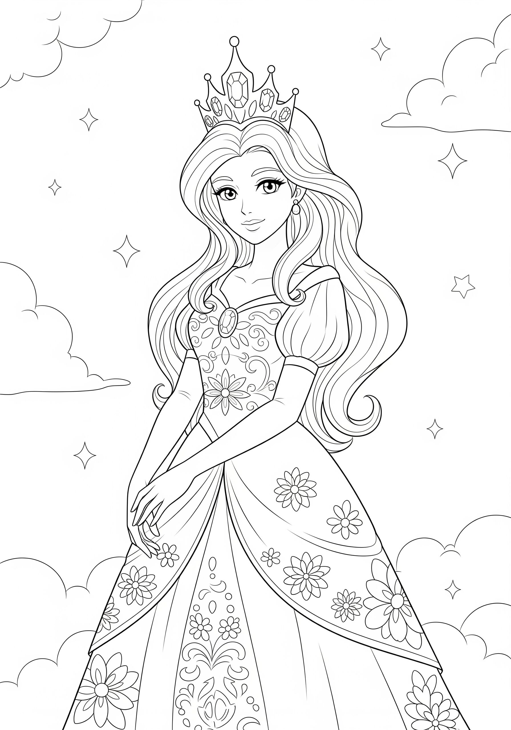 A detailed princess coloring page showing a princess in a flowing dress with floral decorations, wearing a crown, set against a sky with clouds and stars.
