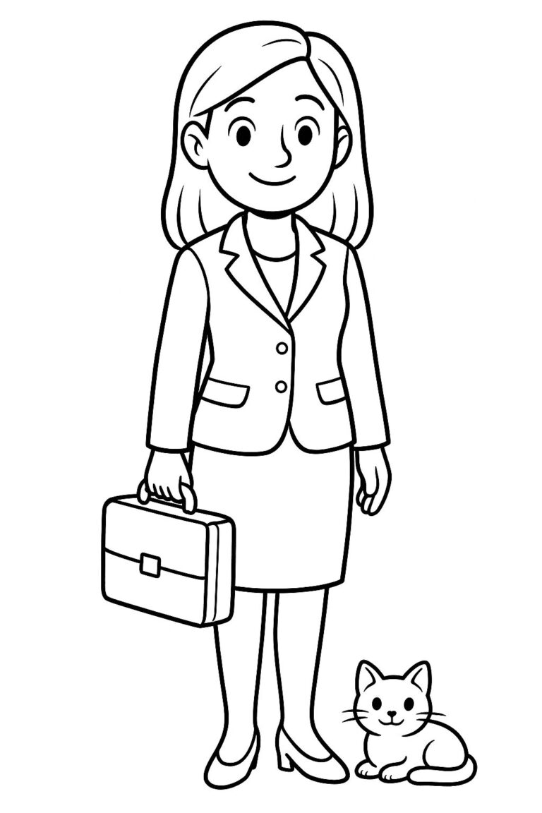 A coloring page displaying a professional woman in a business suit, holding a briefcase, accompanied by a small cat, engaging kids with career themes.