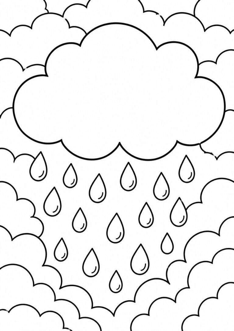 Coloring page with a large cloud and raindrops, surrounded by smaller clouds. Perfect for children to color and create a vibrant rainy day scene.