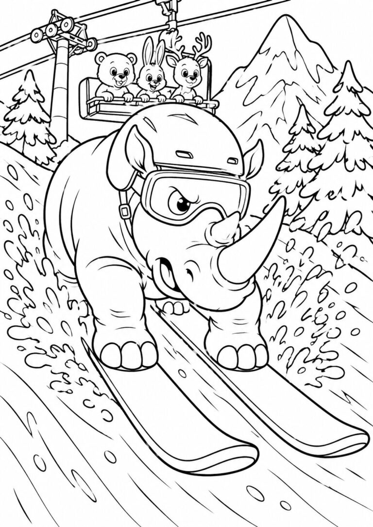 Coloring page of a rhino skiing down a snowy hill with three other animals in a cable car, surrounded by mountains and trees, providing kids with a fun and adventurous scene to color.