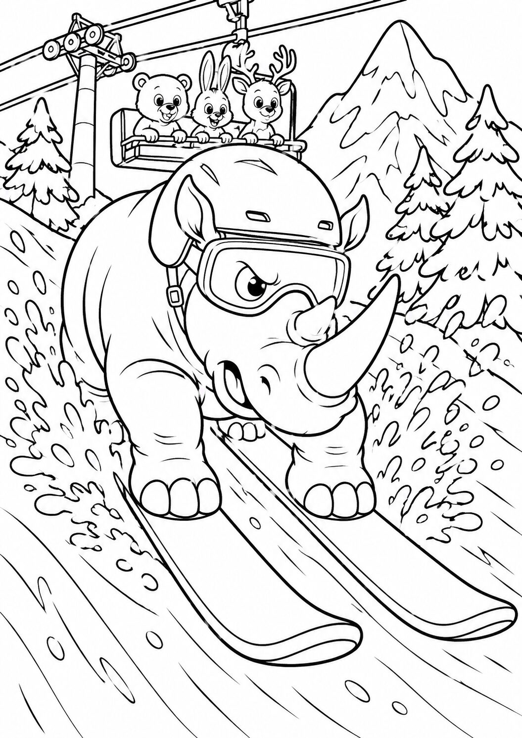 Coloring page of a rhino skiing down a snowy hill with three other animals in a cable car, surrounded by mountains and trees, providing kids with a fun and adventurous scene to color.