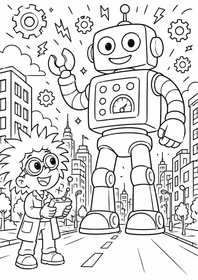 A young scientist with big glasses controls a happy robot in a city filled with buildings and gears. Kids can color the robot and cityscape, adding vibrant details to their imaginative adventure.