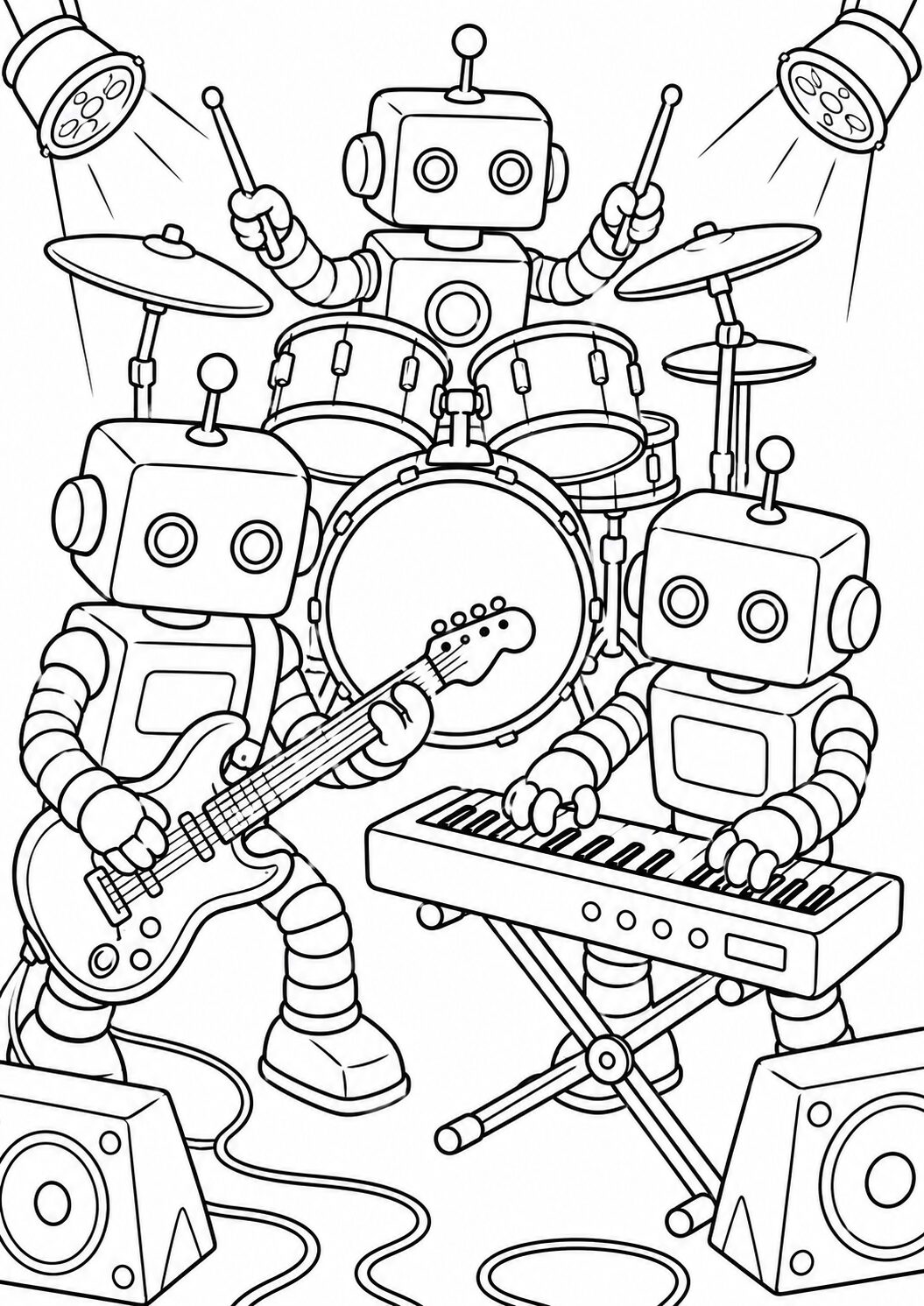 Coloring page featuring a lively robot band playing instruments like electric guitars, keyboards, and drums. Kids can add colors to the robots and musical gear, sparking creativity and fun.