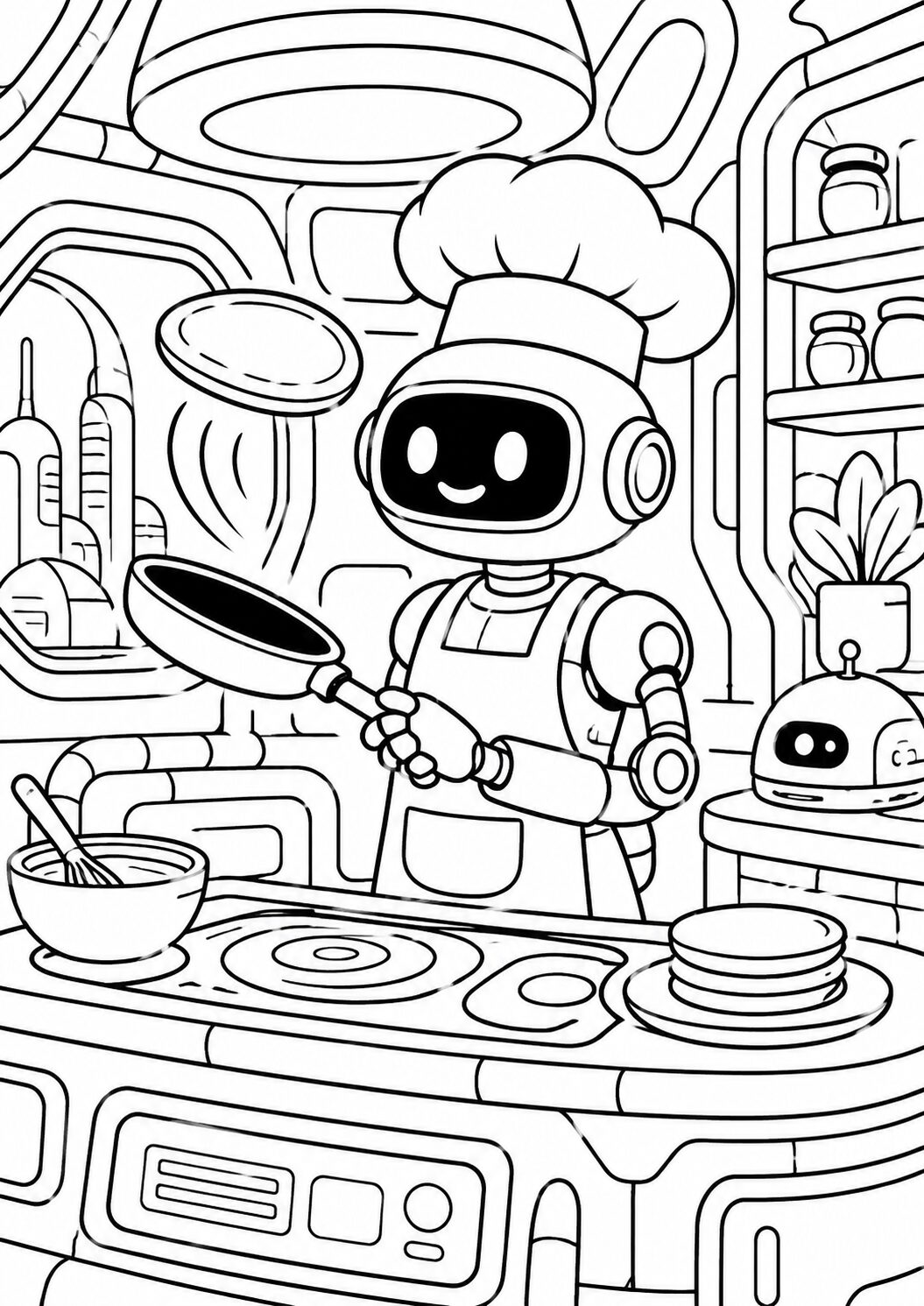 A charming coloring page of a robot chef in a futuristic kitchen, flipping pancakes. The scene includes various kitchen gadgets and utensils, ideal for children's creativity.