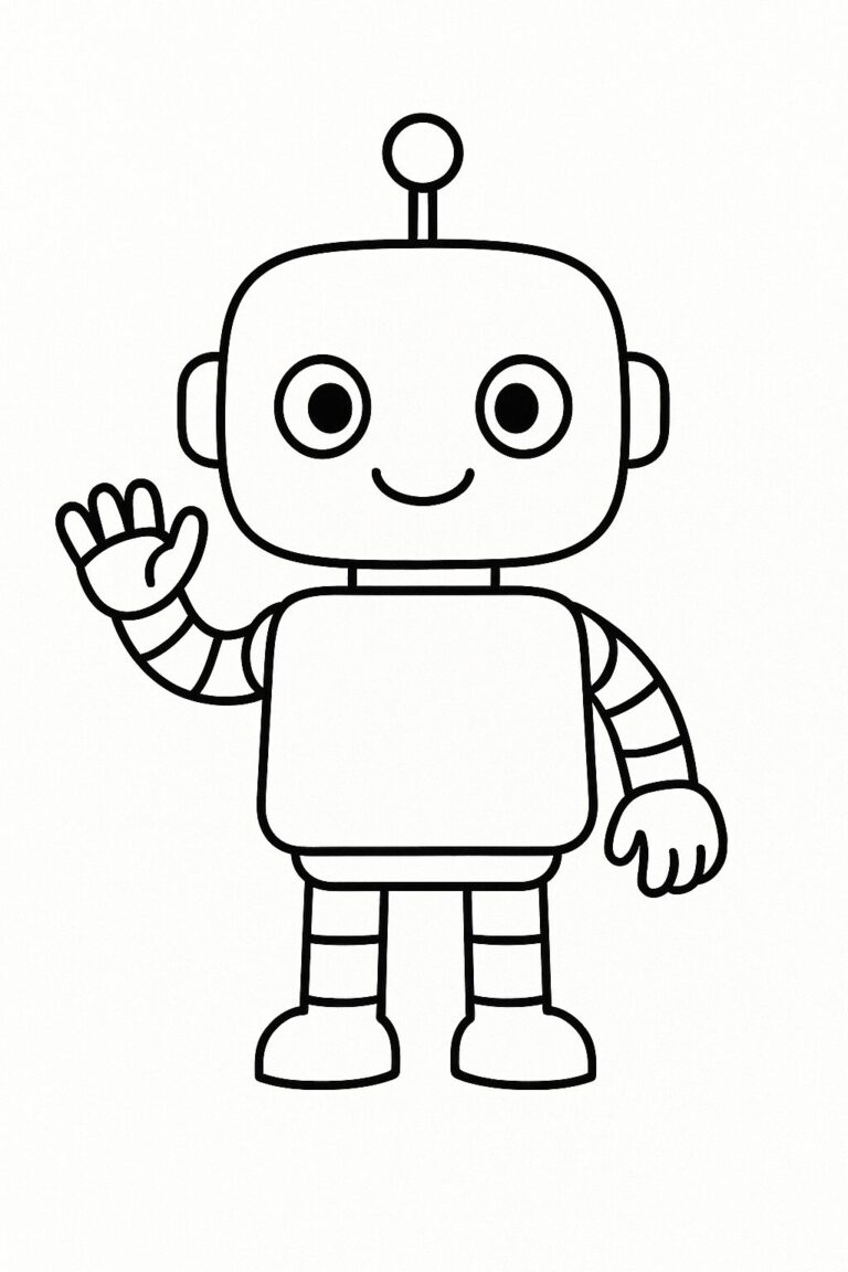 A friendly robot waving hello in a simple coloring page. Kids can color the robot's head, body, and limbs. The robot has a circular head with big eyes, a cheerful smile, and striped arms and legs.