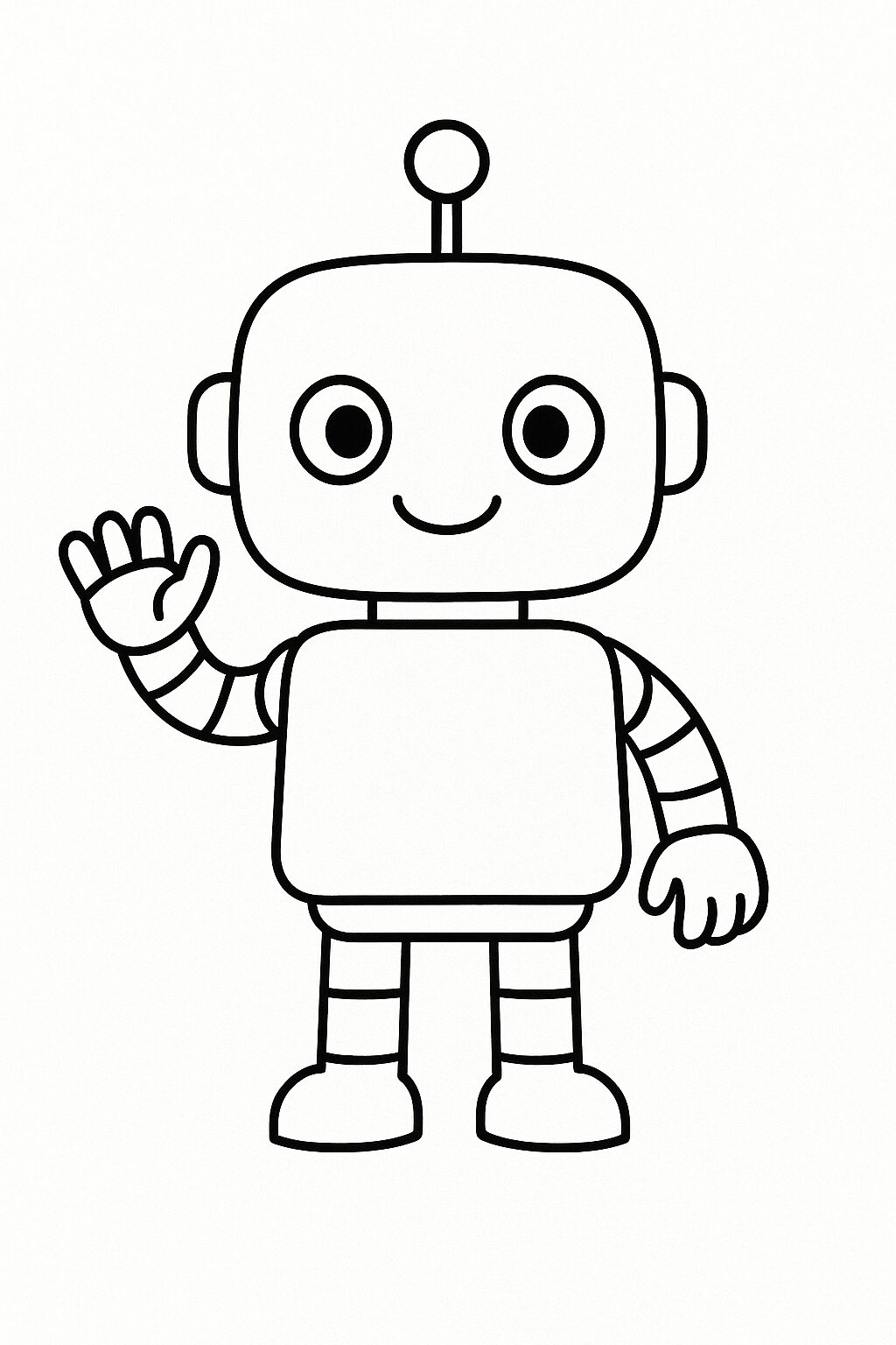 A friendly robot waving hello in a simple coloring page. Kids can color the robot's head, body, and limbs. The robot has a circular head with big eyes, a cheerful smile, and striped arms and legs.