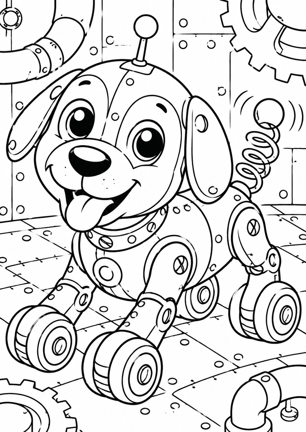 A delightful robot dog with gears and wheels, ready for young artists to color. This coloring page invites children to bring a cheerful mechanical puppy to life with their choice of vibrant hues.