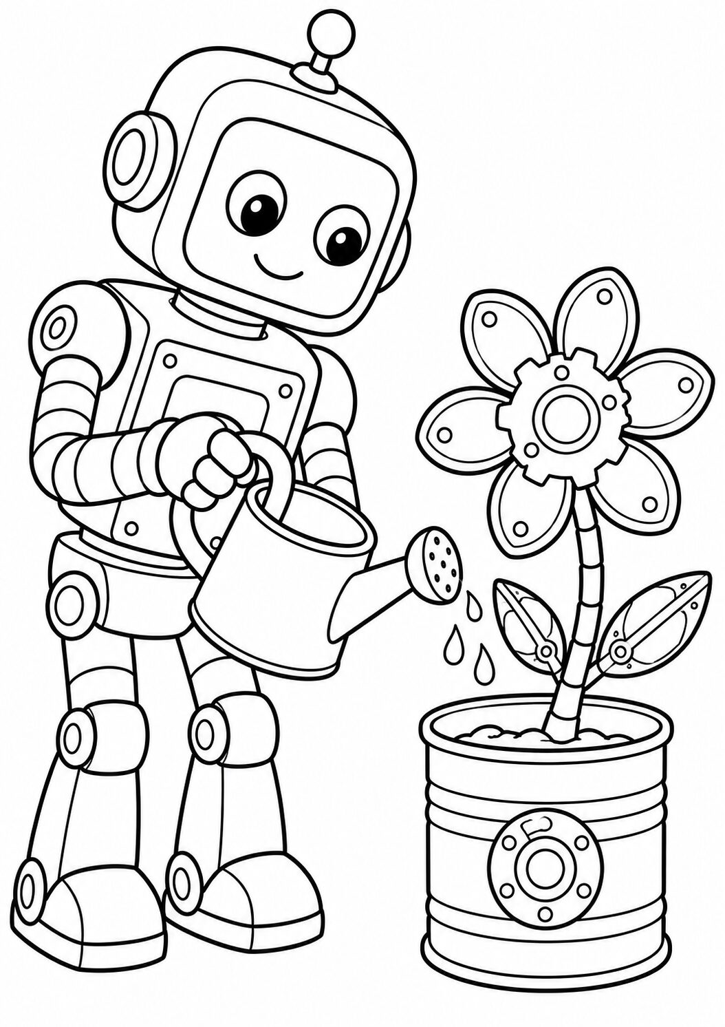 The coloring page depicts a friendly robot watering a mechanical flower. The scene encourages creativity and is designed for children who enjoy combining technology and nature in their imaginative play.
