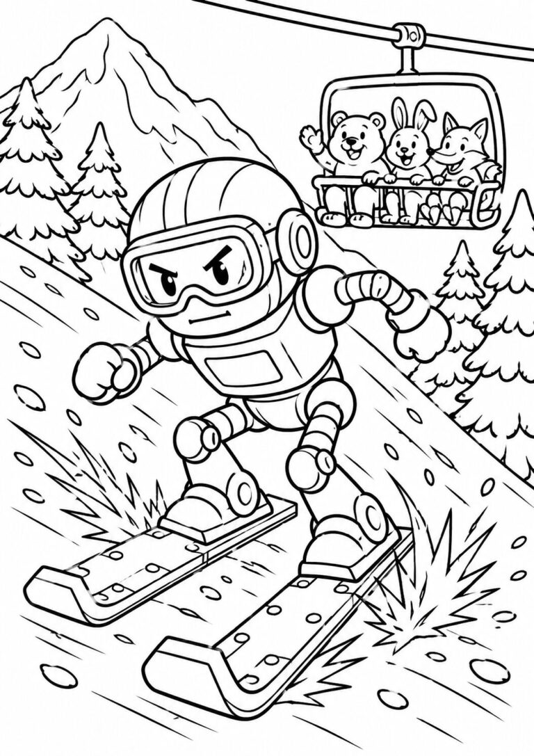 A thrilling coloring page of a robot snowboarder descending a snowy hill. This scene includes a ski lift with adorable animals, surrounded by snow-covered trees and a mountain backdrop.