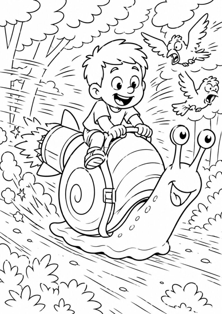 A young boy joyfully rides a rocket-powered snail down a forest path, with surprised birds flitting about, capturing a whimsical adventure scene for children to color.