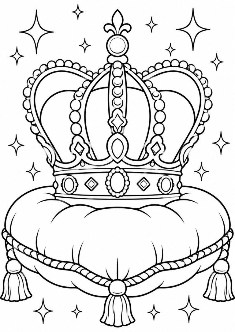 A detailed coloring page of a royal crown on a pillow with stars, ready for children to color and enjoy, sparking creativity and imagination.