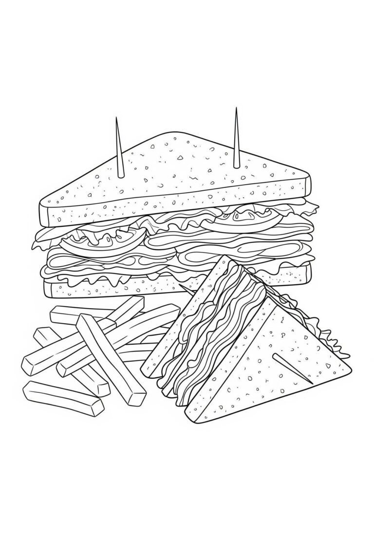 A detailed children's coloring page showing a sandwich with layers of fillings and fries on the side. Perfect for creative kids wanting to add color and imagination.