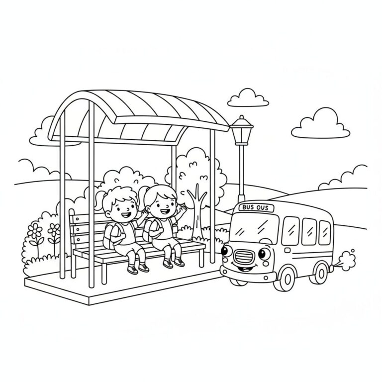 A cheerful school bus approaches a bus stop where two children sit on a bench, excited for their journey. The scene is completed with trees, clouds, and a street lamp, offering a charming landscape to color.